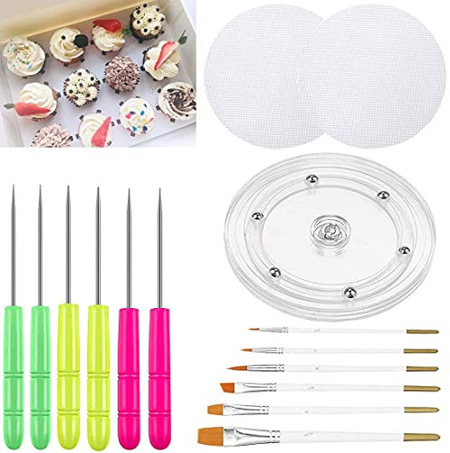 Kit de decoración de galletas con 1 plato giratorio acrílico para galletas, 6 cepillos de fondant de galletas, 6 agujas de escritura de galletas, herramientas de glaseado real, decoración de
