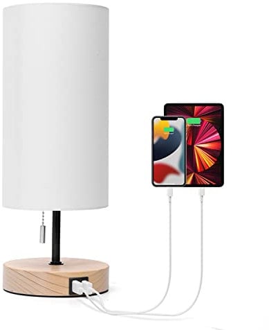Aigostar Lampara de Mesa con 2 Puertos de Carga USB, Lamparas de Mesita de Noche con Interruptor de Tracción, Base de Madera, Lámpara Escritorio Vintage para Sala de Estar, Dormitorio, Oficina