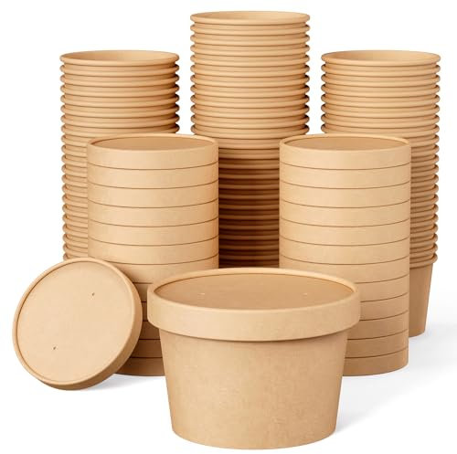 50pack 8oz Paper Soup Containers with Lids, Disposable Kraft Paper Food Cups, Ice Cream Bowls, Paper food Storage with Vented Lids, Microwavable and freezer safe