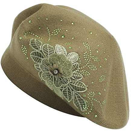 ZLYC Damen Wolle Baskenmütze Klassische Französischen Barett Warm Beret Mütze(Blume Olivgrün)