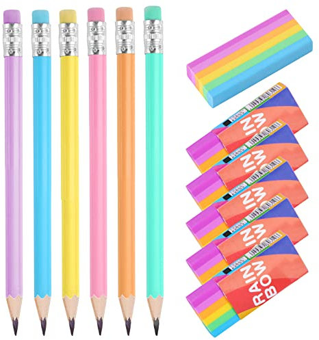 Tikplus Radiergummi und Bleistifte Set, 12 Stück Schulset Bleistift Radiergummi, Regenbogen Radierer und Dreikant Bleistift 2B für Kinder Schule Büro, Schreiben Skizzieren