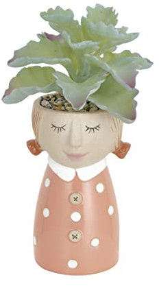 Baroni Home Vaso in Ceramica con Piantina Finta Design Volto, Soprammobile Moderno Dipinto a Mano, Vaso Decorativo da Interno e da Esterno, Vestito Rosa a Pois, 8x7,5x13 cm