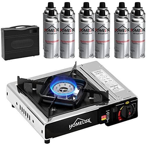 HOMELUX Gaskocher - 2,5 kW Campingkocher mit Kartuschen, Edelstahl gaskocher inkl. Tragekoffer mit Piezozündung(JY 500A-Silver+12)