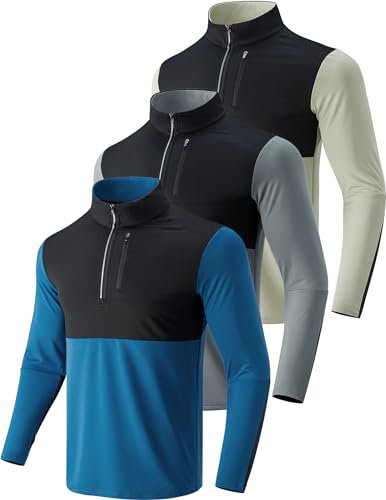 Lot de 3 : vestes d'entraînement à manches longues avec fermeture éclair 1/4 pour homme, chemises de course athlétiques à séchage rapide, Gris/Kaki/Bleu, Taille 5XL