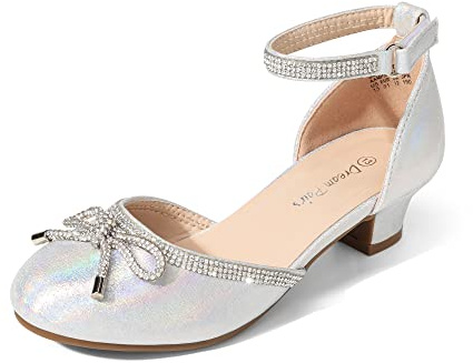 DREAM PAIRS Girls Rhinestone Pumps | Low Block Heel Steady, Rhinestone Bow Sparkle, Cushioned Insole Party Wear
