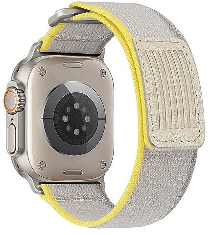 HITZEE Compatible avec Bracelet Apple Watch 49mm 45mm 44mm 42mm, Nylon Tressé Velcro Boucle Réglables Sport Bracelets Conçu pour Apple Watch Ultra 2 Ultra Series 9 8 7 SE 6 5 4 3 2 1, Jaune/Gris, S/M
