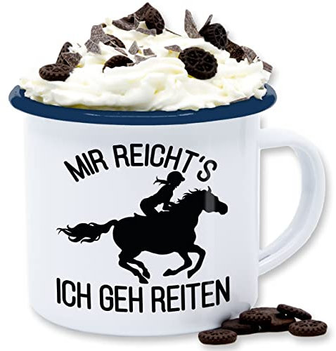 Emaille Tasse Blechtasse - Pferde - Tassen - Mir reichts ich geh reiten - 300 ml - Weiß Blau - sprüche pferd horse reit reiterin reiter ich. pferdebesitzer gehe pferden jetzt pferde-print reicht