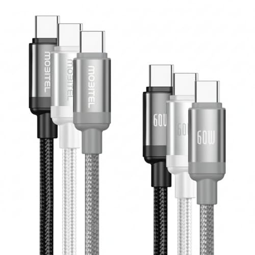 Mobitel Type C to C Cable 60W Fast Charging & 2M Premium Nylon Braided Type-C Charger Lead Compatible for iPhone 15 16 17 Samsung S23 S24 S25 Pixel 9 8 7 6 iPad Macbook Laptop & Smartphones (3-Pack)