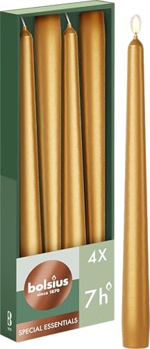 Bolsius Glatte Spitzkerzen - Metallic Gold - Set 4 Stück im Karton - 24,5 cm - Dekorative Haushaltkerzen - Brenndauer 7 Stunden - Unparfümierte - Natürliches Pflanzenwachs - Ohne Palmöl