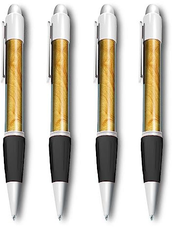 Set of 4 White Ballpoint Pens (Photo Insert) - Yellow Gold Nail Polish Paint Makeup Effect - Soft Feel Finger Grip #52538