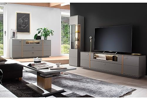 Wohnzimmer Set in grau beinhaltet Sideboard, Couchtisch, Vitrine und TV-Element mit Glasfront und sichtbarer Rückwand in Eiche, Wohnwand, Schrankwand, Anbauwand, Wohnzimmermöbel, Wohnzimmerschrank