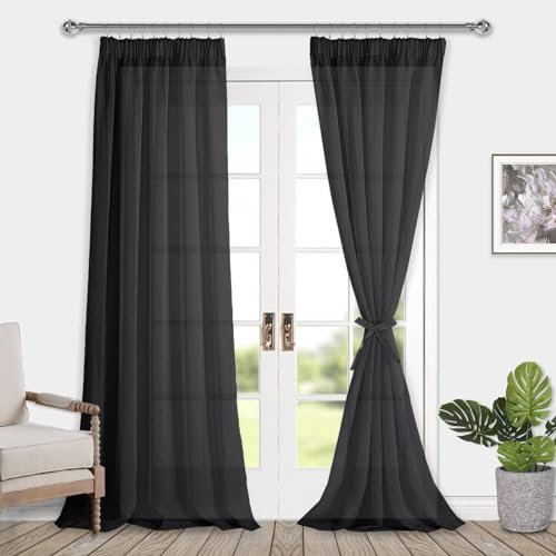 DWCN Voile Vorhänge mit Kräuselband Leinenoptik 2 Stücke Halbtransparent Vorhänge für Wohnzimmer,Durchsichtige Gardinen,Schwarz,245x140cm (Höhe x Breite)