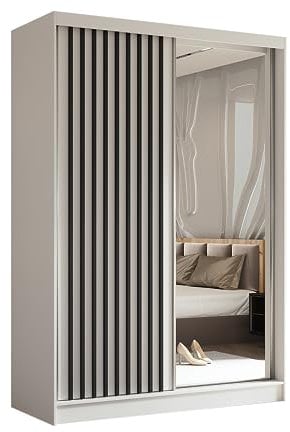 MargaretHadas24 Kleiderschrank Erika mit Lamellen und Spiegel inklusive 2 Schiebetüren Schwebetürenschrank Kleiderstange Garderobe 150 cm (weiß, weiß, Lamelle schwarz)