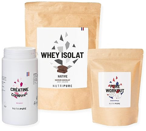 Nutripure | Pack Prise de Muscles | Whey Isolate Native + Créatine Monohydrate Gélules + Pre Workout (EAA, BCAA) | Idéal pour Musculation, Prise de Masse Musculaire, Fatigue Musculaire | Goût Chocolat
