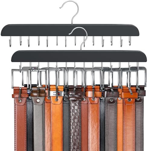 Resovo Colgador de cinturón para armario Max 42 cinturones, organizador de cinturón, accesorios de armario con 14 ganchos, estante de cinturón de madera resistente para organizadores de armario y