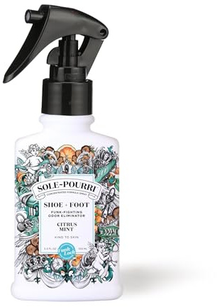 Sole-Pourri Shoe Deodorizer + Foot Spray, 3.4 Fl Oz, Up to 150 Uses, Funk-Fighting Odor Freshener with Essential Oils, for Smelly Shoes, Feet & Gym Bags, Citrus & Mint Scent