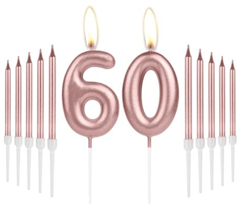 Girls 60th Birthday Candles Decorations, Number 60 Candle with Rose Gold Long Candles, Birthday Candles for Cake, Cake Candle Cake Topper for Women Birthday Party 60th Wedding Anniversary Celebrations