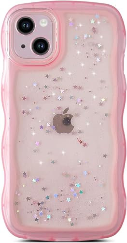 miyonsin Custodia per iPhone 13, Graziosa Custodia a Forma di Onde Ricce, Glitter Trasparente Custodia Protettiva per Ragazze e Donne, TPU Antishock Cover per iPhone 13, Rosa-1
