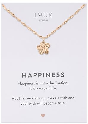 LUUK LIFESTYLE Collier avec pendentif différent en acier inoxydable (50 cm), carte HAPPINESS, porte bonheur, bijoux minimalistes, idée cadeau femme, amitié, anniversaire, Noël, Argent, Doré y Rose