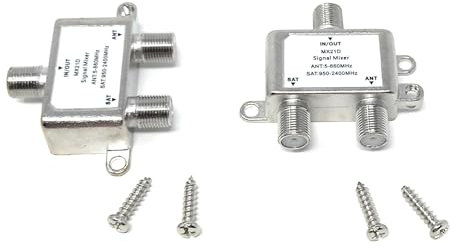 2pcs. 2 Way TV/SAT Satellite Combiner Splitter Adapter Metal Casting 1 x Female Input/Output 2 x Female Input/Output 950-2300/40-862 MHz