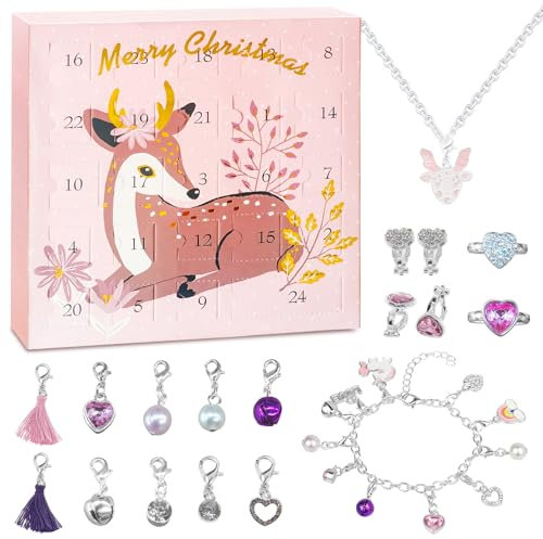 Adventskalender 2025 Kinder, Weihnachts Countdown Kalender, Armbänder,Mädchen,Kinder, Rehkitz, DIY Überraschungszubehör, Anhänger, Ring, Halskette, Ohrclip, Adventskalender, Kreatives Geschenk 1