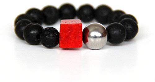 Lava-Kugelring (elastisch) in Schwarz mit orangerotem Korallen-Würfel und silbriger Edelstahlkugel moderner Lavaschmuck #012 Corella