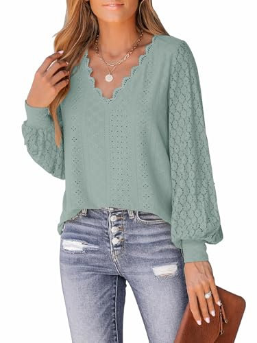 TrendiMax Bluse Damen V Ausschnitt mit überbackener Spitze, Lange Spitzenärmel - Elegantes Hemd Blusen Langarmshirt Einfarbig Langarm Oberteile Tops (XL, Grün)