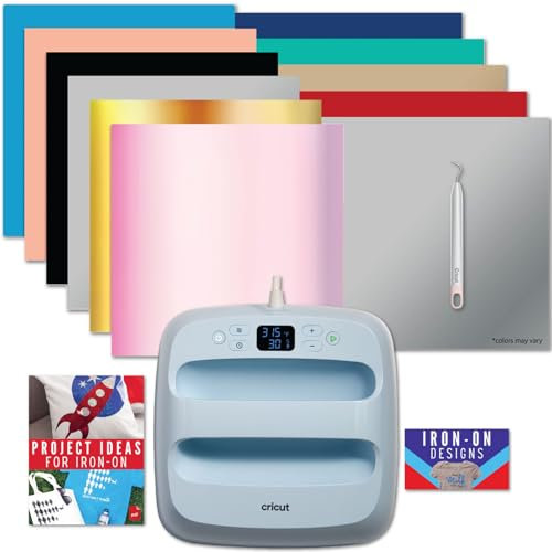 Cricut EasyPress 3 - Prensa de calor de 9 x 9 pulgadas con variedad de materiales para planchar – Kit de prensa de calor inteligente para principiantes con paquete de materiales HTV, máquina de