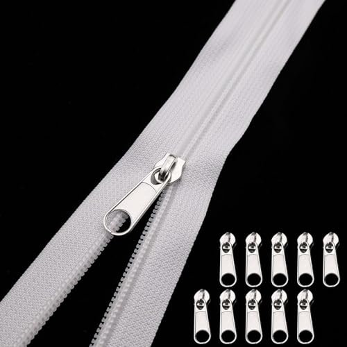 Endlos Reissverschluss mit Zipper 5 Meter Endlosreißverschluss mit Zipper Reißverschluss Meterware mit 10 Metall Schieber Nylon Reißverschluss Endlos Weiß für Kissen Kleidung Bettwäsche (Weiß)