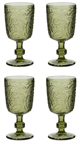Wine Glasses Set of 4 Goblets with Paisley Embossed Finish 300ml (Green) | Dishwasher Safe, Embossed, Coloured Glass, Paisley Embossed, 300ml, Drinking Glasses, Wine Goblets
