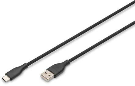DIGITUS Cable de conexión USB 2.0-1 m - USB-A a USB-C - Funda de silicona flexible con protección contra dobleces - Hasta 480 Mbit/s - Cable con Plug & Play - Negro
