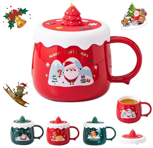 MeYuxg Tazza di Natale, in ceramica, 400 ml, con coperchio, per compleanno, Natale, ragazze, ragazzi, C (rosso)