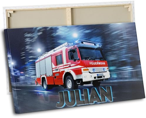 timalo® Kinderzimmer Wandbild Bild auf Leinwand Kinder Bilder für die Wand Leinwandbild xxl personalisiert mit Namen Mädchen Jungen Bild fürs Teenager Zimmer | 80 x 50 cm Feuerwehr, Feuerwehrauto