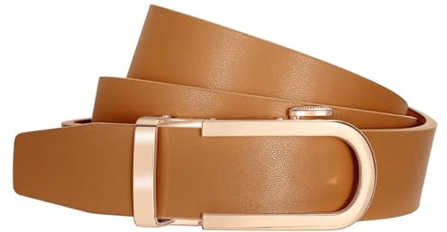 SUOSDEY Damen Ratschengürtel, automatischer Ledergürtel für Jeans Hosen Kleider mit goldener/silber Schiebeschnalle, 3.1 cm Breite braun