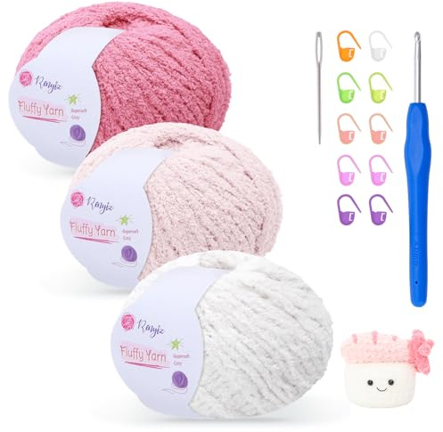 Flauschige Plüsch Wolle zum Häkeln | 3x50g Häkelgarn mit 4mm Nadel | Weich wie Babywolle, Crochet Yarn für Babydecken/Amigurumi/Heimdekoration