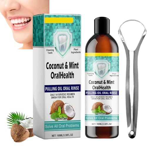 Oil Pulling,Coconut Pulling Oil,Enjuague Bucal con Aceite de Coco,100ml Aceite de Coco con Raspador de Lengua, Enjuague Bucal Con Aceite Blanqueador,para Blanquear los Dientes,Aliento Fresco
