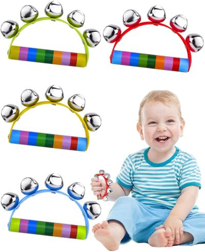 WUNZILO 4 pcs Weihnachts-Hand-Glocken, Schlittenglocken, Griff, Shaker, Rasseln, Musik-Rhythmus, Percussion-Instrumente, Musikspielzeug