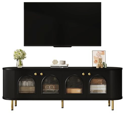ChouTangYu Meuble TV moderne - 170 cm - Blanc - Avec portes en verre - Pieds dorés - Design ondulé - Pour le salon - Noir et doré