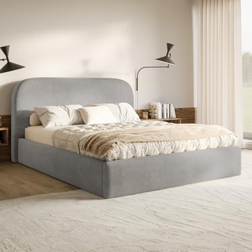 MOTIVENA Mono Bett 200x200 Grau Samt, mit Stauraum, mit Kopfteil, mit Lattenrost, ohne Füße, ohne Matratze, Polsterbett 200x200 mit Bettkasten Grau (Hellgrau)
