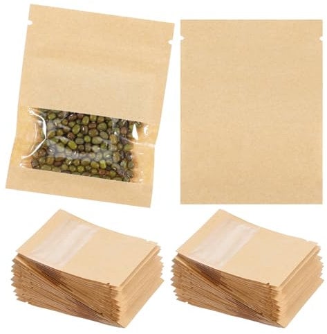 100 Pcs Small Resealable Seed Envelopes Mini Zip Lock Kraft Bags Sealable Coffee Sample Bags Window Food Storage Bag Brown Kraft Paper Packet for Seed Flower Vegetable Plants Garden Storage Packaging