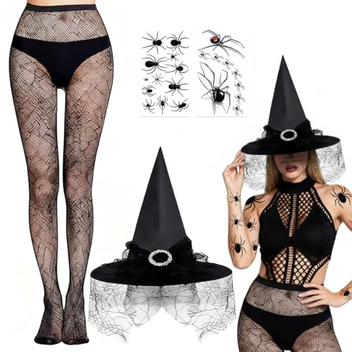 JCOTCL Halloween Hexenhut Damen Set 4-tlg, Schwarzer Hexenhut mit Schleier & Spinnennetz Strumpfhose, 2x Spinnen Tattoo, Komplettes Hexe Kostüm Zubehör für Fasching Karneval