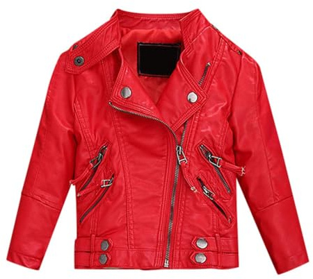 Giacca in pelle per bambini Cappotto da motociclista Primavera Giacca in similpelle Giacca alla moda per ragazze Elegante e confortevole, Colore: rosso, 7-8 Jahre