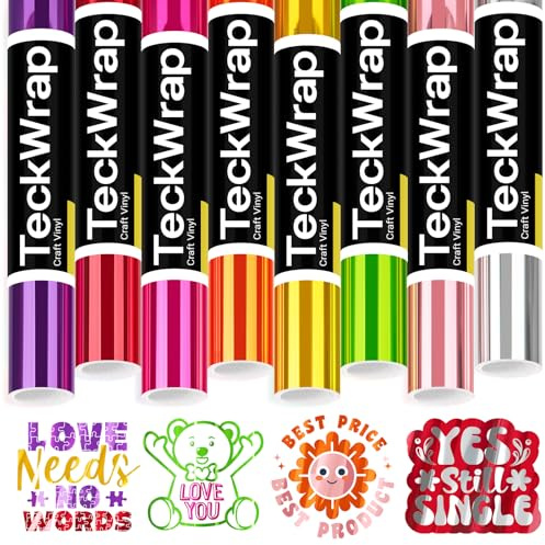 TECKWRAP Permanent Vinyl Bundle 12''x3ft/Roll Metallic Chrome Adhesive Vinyl Pack 8 Colour Craft Vinyl for Mug, Cup, Window & Home Deco,and Other DIY Projects
