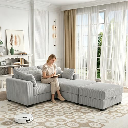 YNYHTER 2-Sitzer-Sofa, gepolstertes Wohnzimmer-Sofa, Chaiselongue, Schlafsofa, Chaiselongue, modulares Bodensofa in L-Form aus Samt mit Kissen und Ottomane (Grau, 2 Sitzer+2 Fußstützen)