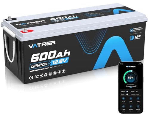 Batterie au lithium LiFePO4 12 V 600 Ah avec surveillance par application, BMS 300 A, protection contre les températures élevées/basses, puissance maximale 3840 W, pour camping-cars, solaires, bateaux