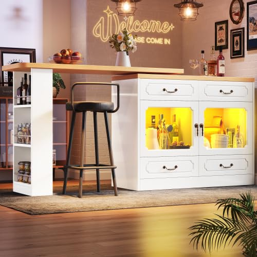 Merax Ausziehbarer Bartisch mit LED-Beleuchtung, 360° drehbar und Stauraum – Kücheninsel mit Bar und Theke, ideal für Party und Esszimmer