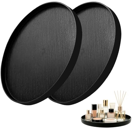 2 Stück Schwarzes Rundtablett 30cm, Rutschfestes Serviertablett für Speisen und Rundes Serviertablett für Partys, Zuhause, Bars & Restaurants Wohnungen