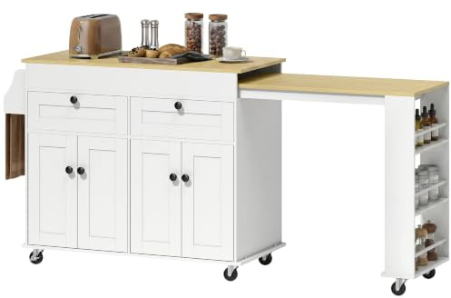 HOMCOM Isla Central Cocina con Bandeja Extensible, Postre de Cocina con Ruedas con 2 Cajones, 4 Puertas, Toallero y Portaespecias, Estilo Rústico, 127,2-189,2 x 50 x 87,8 cm, Blanco