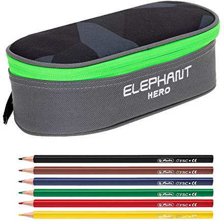 2 Teile Set Mäppchen Box Elephant Jungen Mädchen Federtasche Hero Signature Pennal 12773 inkl. 6er Pack Stifte (Cyber Camo Grün)