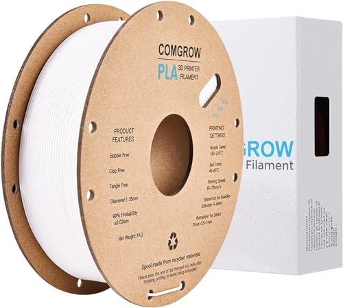 Comgrow PLA Filament 1.75mm 3D Printer Filament PLA for 3D Printer 1kg Spool (2.2lbs), Dimensional Accuracy of +/- 0.02mm PLA White
